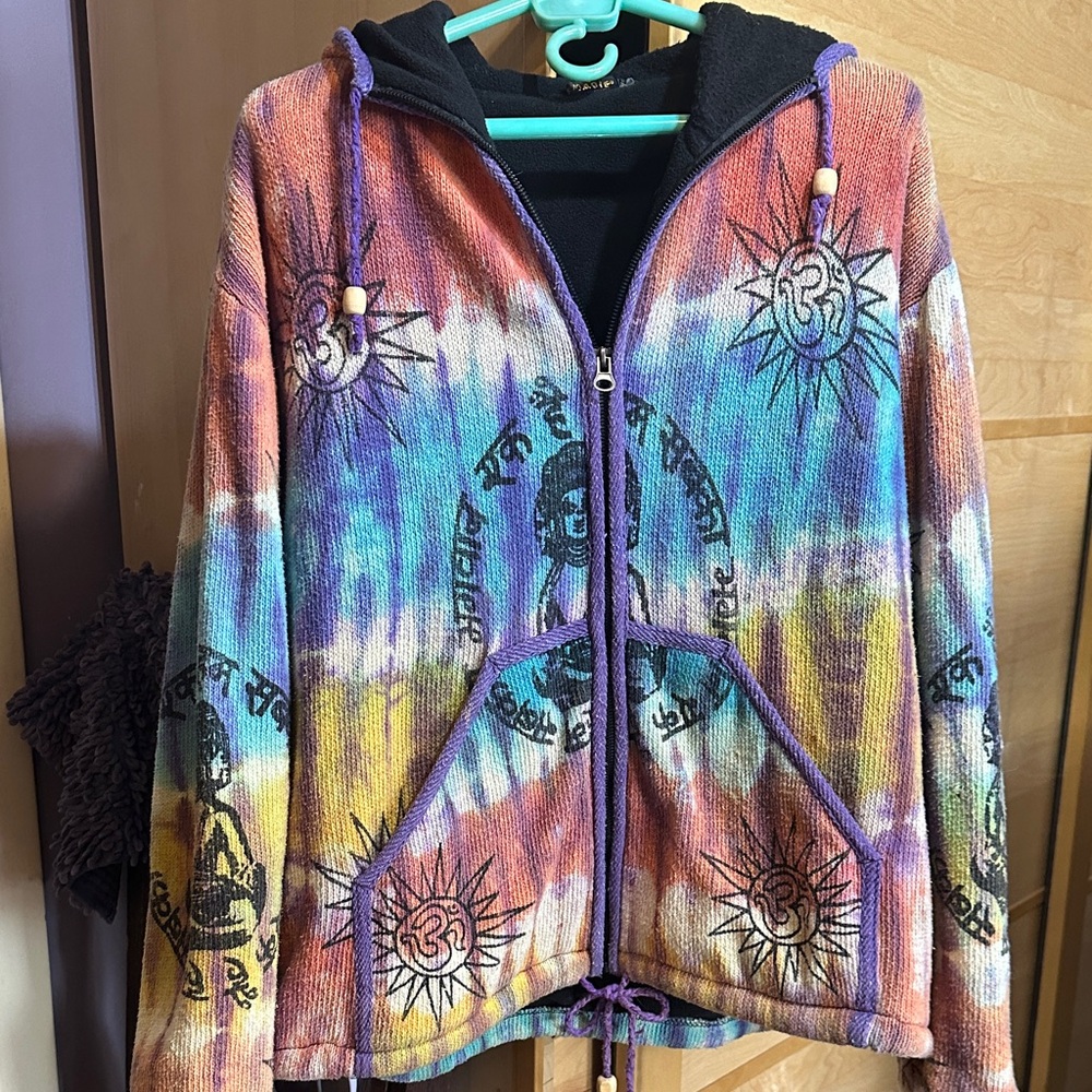 Vintage Tie Dye Meditation Made in Nepal fully fleece lined zipper sweater